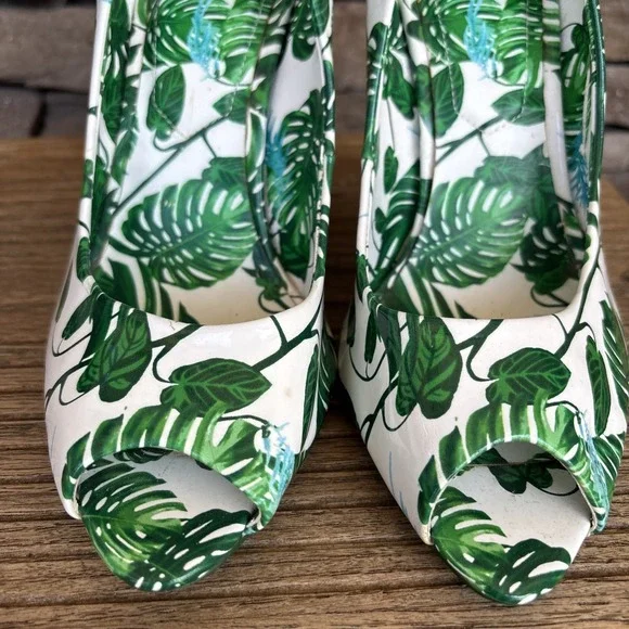 Aldo Stella Printed Patent Tropical Leaves Stiletto 4.5 In Peep Toe Heels 9 - Picture 2 of 12
